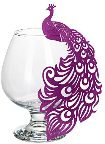 MoreChioce Cartons de Placement de Table, Marqueur Vide de Verre de Vin de Paon Kit de 50 Marque-places Verre à Vin Décoration de Table en Carte Verre à Vin Cartes de Table de Mariage,Violet Foncé