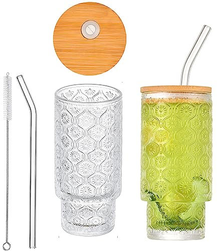 KKGUD Textured Drinking Glasses with Wood Lid and Reusable Straws, 11oz Glass Cups (Flower Pattern, with Wood Lid, Set of 2)