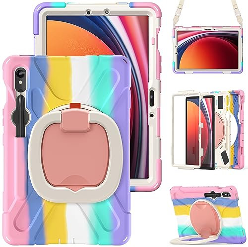 YZBYFON Funda para Samsung Galaxy Tab S9 Ultra/S8 Ultra, resistente, de grado militar, a prueba de golpes, rotación de 360°, con correa para el hombro, para Tab S8 Ultra/S9 Ultra (rosa colorido)