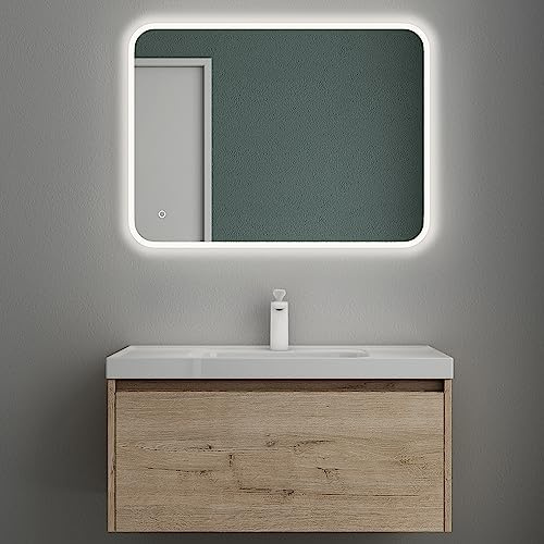 Mai & Mai Badmöbelset Badezimmermöbel Eiche Greige Waschbeckenunterschrank 80 cm mit Waschschbecken aus Mineralguss und LED-Badspiegel Salerno