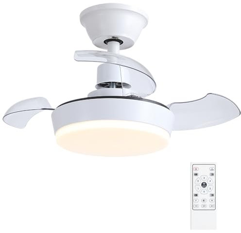 Mpayel Ceiling Fans with Lights and Remote, Modern Ceiling Fan with 3 Retractable Blades, Dimming and Quiet DC Motor, Ceiling Fans with Lamps for Indoor Bedroom - White