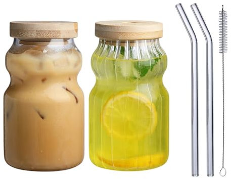 Bullpiano Vintage-Trinkgläser, 350 ml, gerippte Glasbecher mit Bambusdeckel und Strohhalmen, klare, gestreifte, gerippte Gläser, Cocktailgläser, Whiskygläser, Kaffeebar-Zubehör, Eiskaffeetassen, 2