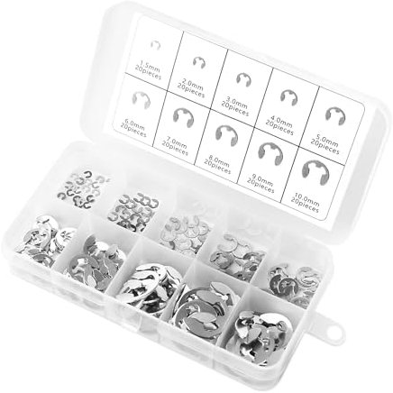UKOFEW 200 Pezzi Assorti E-clip Anello,Anelli Elastici E-Clip 10 Dimensioni,Anelli di Sicurezza in Acciaio Inox per Fissaggio di Pulegge Ingranaggi di Cuscinetto