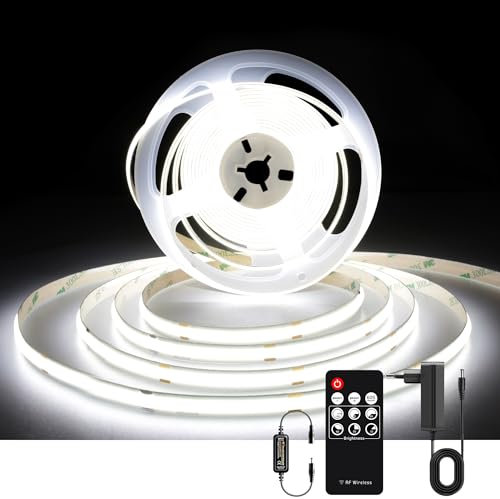 AXMOTUT Striscia LED COB 3 metri 24V, Striscia LED Bianco Freddo 6000K, 320LEDs/m, Larghezza 8mm, CRI90+, con Alimentatore, Telecomando RF, LED Striscia per Cucina, Soggiorno, Feste, Bar