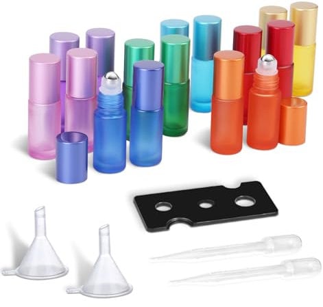 POFIBO 16 Stück 5ml Roll on Glasflaschen für ätherisches öl, Bunt Roll on Flasche Leer mit Edelstahl-roller Ball Kleine Glasroller Set für ätherische Öle, Parfüms, Aromatherap Gemische, Massage