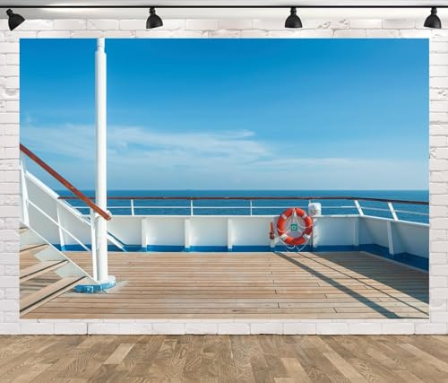 CORFOTO 10x6.5ft Kreuzfahrtschiff-Hintergrund, Blauer Himmel, Meer, Fotografie-Hintergrund, Schiffsdeck, Ozean-Hintergrund, Navigation, Segeln, Hintergrund, Sommer, Meer, Urlaub, Mottoparty