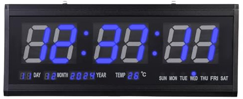 Queeucaer große Digitale Wanduhr mit Fernbedienung, automatisch dimmbare Digitaluhr mit großem Display Wanduhren Digital Wanduhr Funk-wanduhr Temperaturanzeige Display Datumanzeige Blau