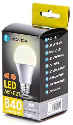 Bombilla LED A60 E27 9W 4000K, luz blanca, energía eficiente, ideal para iluminación general en hogares y oficinas.