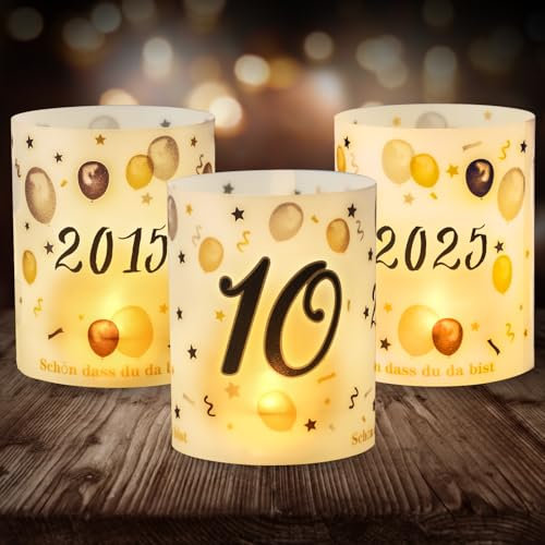 12 Windlicht Tischdeko 10 Geburtstag, Seutgjie 10. Geburtstag Hochzeitstag Rosenhochzeit Deko Mädchen Junge 2015-2025 Schwarz Gold für Teelichter oder Kerzen