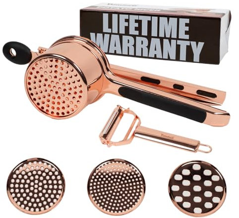 YumRico Kartoffelpresse 425 ml – großer rotgoldener Kartoffelstampfer aus Edelstahl & Kartoffelpüree-Werkzeug – Kupfer-Edelstahl-Kartoffelstampfer mit 3 austauschbaren Scheiben – Stampfer Küchenhelfer