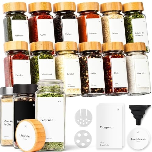 KIVY Gewürzgläser mit Streueinsatz - 12x 120ml + 120 Etiketten - Luftdicht | Wasserfeste Label - Gewürzgläser eckig - Gewürzdosen Set - Gewürzstreuer Bambus - Spice jars - Holzdeckel
