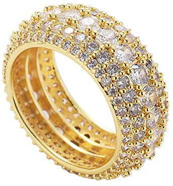 Ringschmuck, großer glitzernder Hip-Hop-Ring mit Iced Out-Effekt – 18 Karat vergoldeter Ring mit Mikropflaster und Zirkonia im Laborschliff, Bandring mit simuliertem Diamanten (Farbe: Gold, Größe: