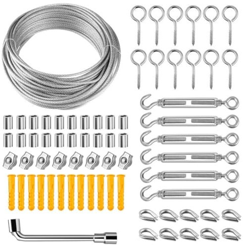 Edelstahl Stahlseil Kit, 20 M Drahtseil 2mm, Seilspanner Edelstahl Drahtseilklemme Stahlseil Mit Ösen, Rankhilfen Für Kletterpflanzen Lampenaufhängung,Gardinen Seil