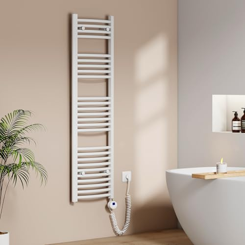 EMKE Scaldasalviette Elettrico per Bagno 140 x 40 cm, Bianco, 500 Watt | Radiatore Curvato con WIFI Termostato, Scaldasalviette Elettrico, Supporto Porta-Asciugamani