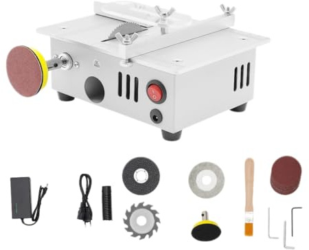 Mini Tischkreissäge mit 4 Klingen, 7-Gang-Netzteil Einstellbarer Präzisions Table Saw, 96W 0,1-15mm Tragbare DIY Tischkreissägen mit Sicherheitsklappe für Holzbearbeitung