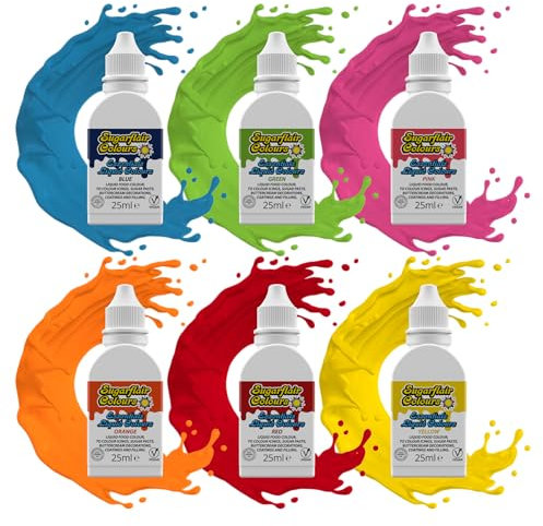 Sugarflair Essentials Liquid Food Colouring Popular Colours Set - Concentrated Food Colouring for Sugar Paste, Royal Icing, Buttercream, Cake Decorations, Cakes and More! Vibrant Food Dye - 6x 25ml