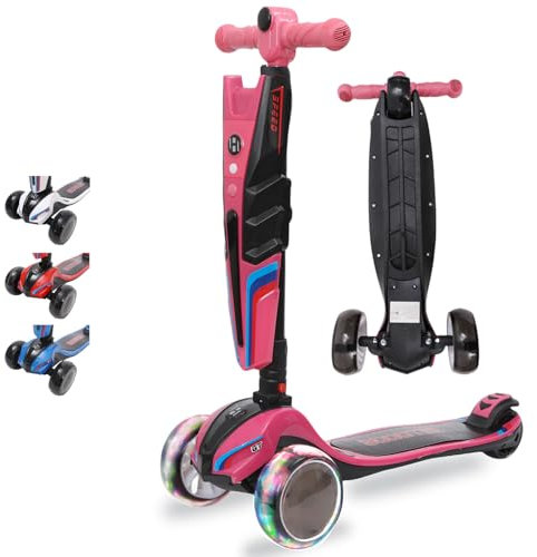 Kinderroller LED Leuchträder, 3 Rad Tretroller - Klappbar, Höhenverstellbar, Mädchen & Jungen, Scooter 3-12 Jahre, bis 50kg - Pink