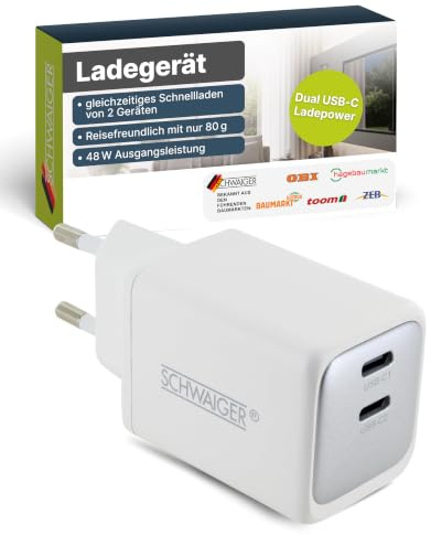 SCHWAIGER Ladegerät USB C 48W Ladeadapter Schnellladegerät PD 3.0 GaN PPS Fast Charging Dual Port für Smartphone Tablet