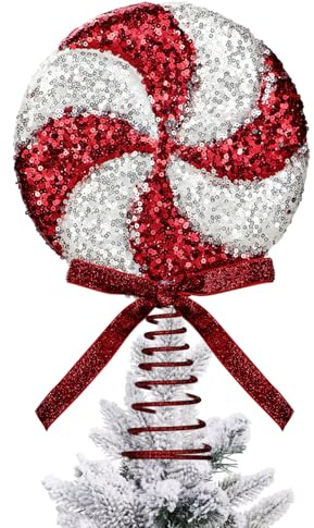 Sequin Candy Cane Christmas Tree Topper - Red and White Peppermint Candy Ornament for Xmas Tree Decorations Holiday Candy Themed Party Supplies,20X26.5X5cm (Red White)
