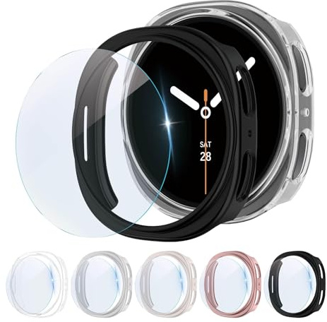 5+5 Stück Hart PC Schutzhülle+Schutzfolie für Samsung Galaxy Watch | Rundum Hard PC Case Kratzfest Gehäuse HD Gehärtetes Glas Displayschutz für Samsung Watch 8 Schutz Hülle 44mm Damen Herren