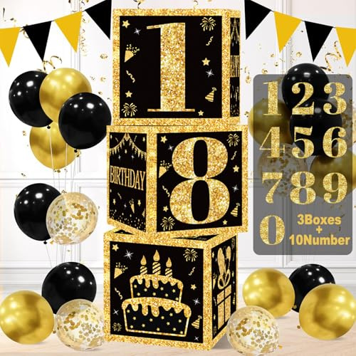 QIFU Geburtstagsdeko Mann Junge, 3 Stück Schwarz Gold Boxen mit 0-9 Zahlen | Geburtstagsdeko Schwarz Gold Party-Zubehör Geburtstag Boxen für Jedes Alter Jungen & Männer Happy Birthday Decorations