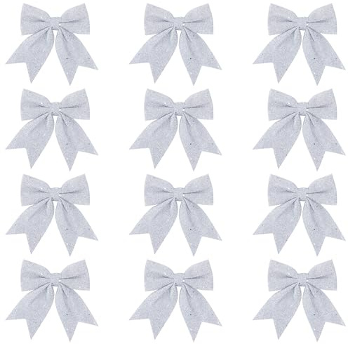 Jesustree Schleifen Weihnachten Glitzer 12 Stück, Weihnachtsschleifen Glitzernde, Weihnachtsbaumschmuck Ornamente für Weihnachtskränze Girlanden Hochzeitsfeiern(Silber)