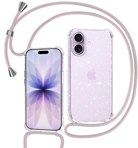 Tikgue Handykette für iPhone 17 Hülle mit Band, Handyhülle mit Kordel zum Umhängen Schutzhülle mit Kette Glitzer Transparent Weich TPU Silikon Bumper - Roségold