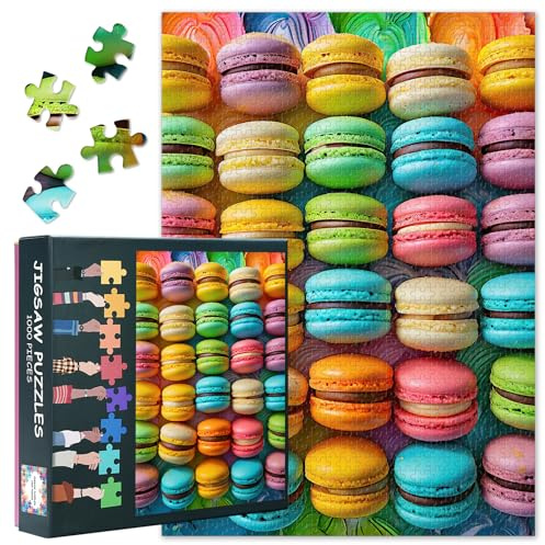 Bunte Macaron-Puzzles für Erwachsene, 1000 Teile - Schwieriges Familienpuzzle zum Thema Desserts, 70 x 50 cm großes Puzzle mit Kuchenmotiv, Puzzlespiel für Frauen Wanddekoration