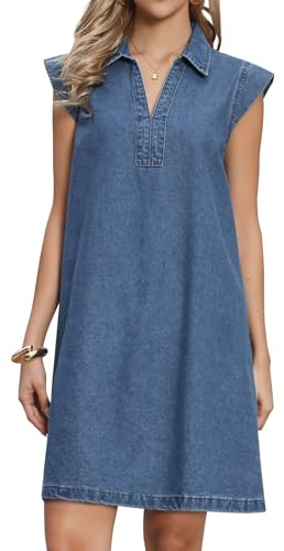 Allegra K Damen Midi Jeanskleid V-Ausschnitt Kurze Ärmel Locker Geschnitten Lässiges Tunika Denim Kleid