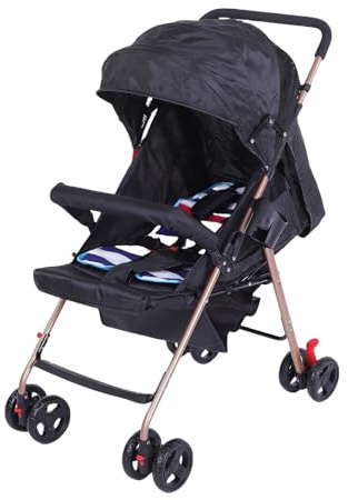 POENVFPO Kinderwagen, 100 Bis 175 Grad Verstellbares Verdeck, Doppelbremsen-Hinterräder, mit Atmungsaktivem Netz und Aufbewahrungskorb, für Outdoor-Reisen, Spaziergänge, Einkaufen (BLACK)