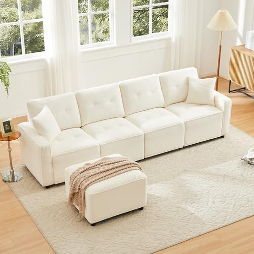 Bladez Großes 4 Sitzer Cord Sofa mit Stauraum & Hocker, Moderne L-Form Ecksofa Couch mit Bettkasten, Wohnlandschaft mit Schlaffunktion & Chaiselongue, Bequeme Corduroy Sofa für Wohnzimmer，Beige