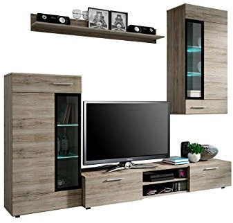 Wohnwand Twist, Design Modernes Wohnzimmer Set, Anbauwand, Schrankwand, Vitrine, TV Lowboard, Mediawand, (ohne Beleuchtung, San Remo Dunkel)