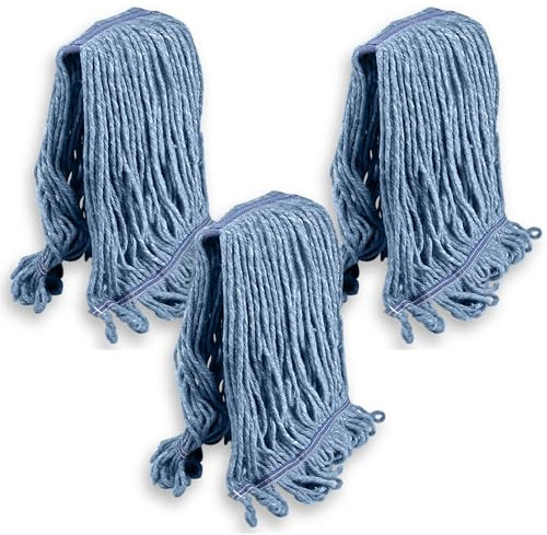 KLEEN HANDLER Heavy Duty Commercial Replacement, Wet Industrial Blue Cotton Looped End String Cleaning Mop Head Refill (Pack of 3)