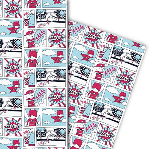 Kartenkaufrausch Cooles Helden Geschenkpapier Set im Comic Heft Stil für liebevolle Geschenk Verpackung 32 x 48cm, 4 Bögen zum Einpacken für Geburtstage, Kinder, Teenager, weiß
