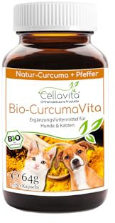 Cellavita – Bio Curcuma Kapseln für Hunde & Katzen – Kurkuma 180 Kapseln im Glas – Ergänzungsfuttermittel mit Curcumapulver & Schwarzem Pfeffer – 100% biologisch, natürlich & zusatzstofffrei