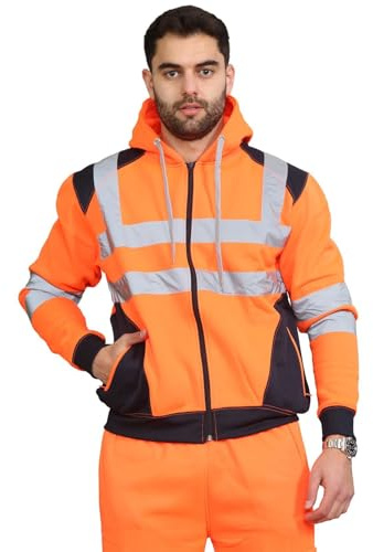 Janisramone® Homme Veste Haute Visibilité, Patch de Contraste Pull Over Sweat Polaire Homme, Sweat Homme Capuche Zippé Veste de Travail Homme Chantier