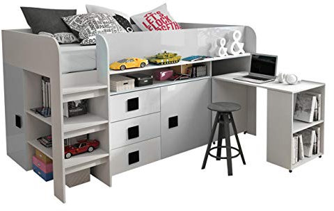 Etagenbett für Kinder Ritmo I, Stockbett mit Kleiderschrank, Schreibtisch, Kinderbett, Farbauswahl (Weiß/Weiß Hochglanz + Schwarz Griffe, ohne Matratze)