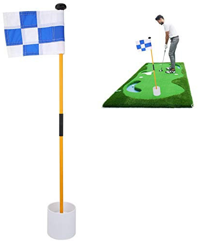 Jacksking Golf Flagstick Putting Green Flags Lochbecher Hinterhof Übung Golf Putting Green Abnehmbarer Fahnenmast Set Übungszubehör mit blau-weißer Gitterfahne