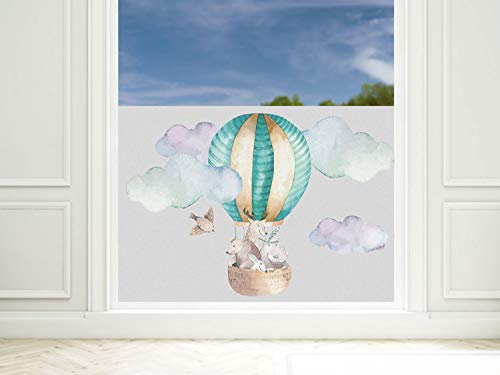 GRAZDesign Fensterfolie Blickdicht Sichtschutzfolie Kinderzimmer türkis Heißluftballon, Milchglasfolie - 110x57cm / Silbergrau