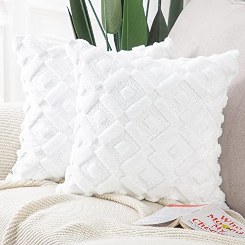 Madizz 2er Set Sanft Plüsch Kurze Wolle Samt Dekorativ Zierkissenbezüge Luxus Stil Kissenbezug für Sofa für Schlafzimmer Weiß 60x60 cm Quadrat