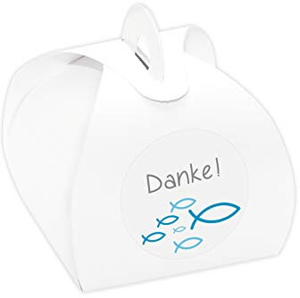 24 x Kartonagen + Aufkleber 'Fische' Gastgeschenke Set für Taufe, Kommunion, Konfirmation (Danke! - blau)