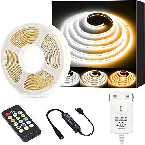 COB LED Strip Lights White CCT Tunable,PAUTIX 5m 3200LEDs Dimmable 2700K-6500K 24V LED Tape Lights Kit UL-Listed Power Supply,Super Bright for Under Cabinet Bedroom Kitchen Dorm TV Mirror DIY Lighting