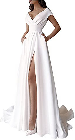Masrin Weißes Abendkleid für Damen Einfarbiges, das langes formales Kleid wischt Geschlitztes Swingkleid mit hoher Taille Ärmelloses Partykleid mit V-Ausschnitt(S,Weiß)