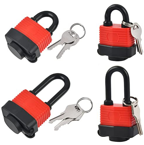 4Pcs Outdoor Waterproof Padlocks with 8Keys - 2pcs Long Shackle & 2pcs Short Beam, Weatherproof, 40mm HeavyDuty Padlocks for Gym, Garage, Home, Garden, Shed, Fence, Red, Black