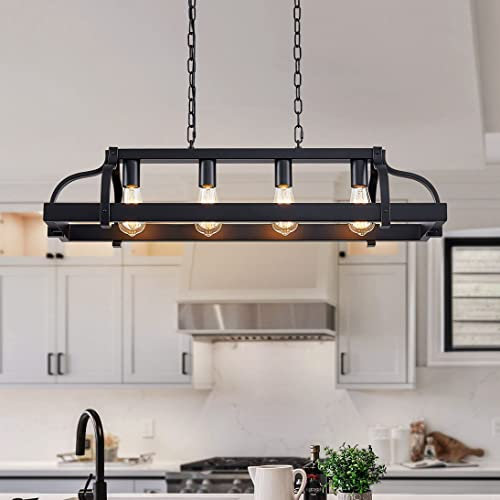 WUZUPS 4-Flammen-Metall-Topf-Hängeregal Kronleuchter lineare Pendel-Deckenbeleuchtung rustikale Bauernhaus-Halterung Kücheninsel Esszimmer, H25 x L88 x B30, E27-Sockel, Schwarz