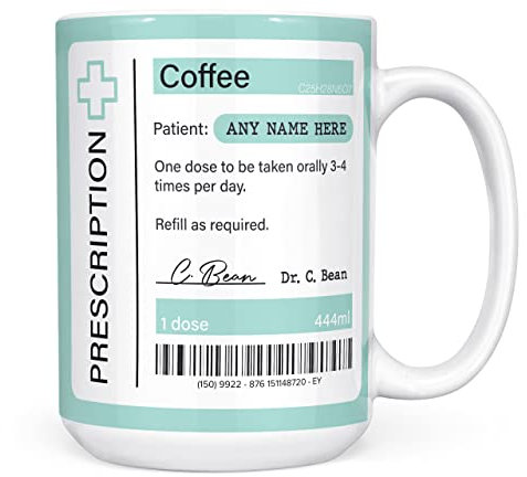 Mug Monster - Prescription for Coffee Mug, Personalised Leaving Gift for Colleague - Ceramic Coffee Cup, Gift Men or Women, Extra Large and Giant Available, 15oz White & Coaster