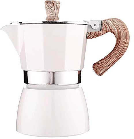 UZER 3 tazas (150 ml) Moka Pot Stovetop Espresso Maker Percolator Cafetera de aluminio, con mango de madera (blanco leche (3 tazas)