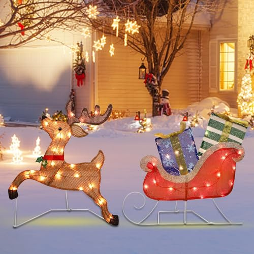 Prsildan Beleuchtete Weihnachtsdekoration, 63,5 x 111,8 cm, Rentier, 50 Lichter, Weihnachts-Rentier mit Schlitten und Geschenkboxen, beleuchtete Dekorationen für drinnen und draußen, Zuhause, Küche