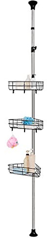 Hershii Shower Pole Caddy Corner Tension Rod Adjustable Metal Bathroom Storage Shelf Organizer Bathtub Shampoo Holder Rack Space Saver with 3 Wire Baskets - Black