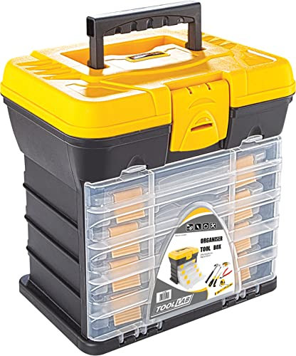 4 Draw Organiser and Tool Box - perfect for storing small items like washers, screws, nails, bolts etc. 4 Pull out drawers with fold up front to keep them in place,strong carry handle.